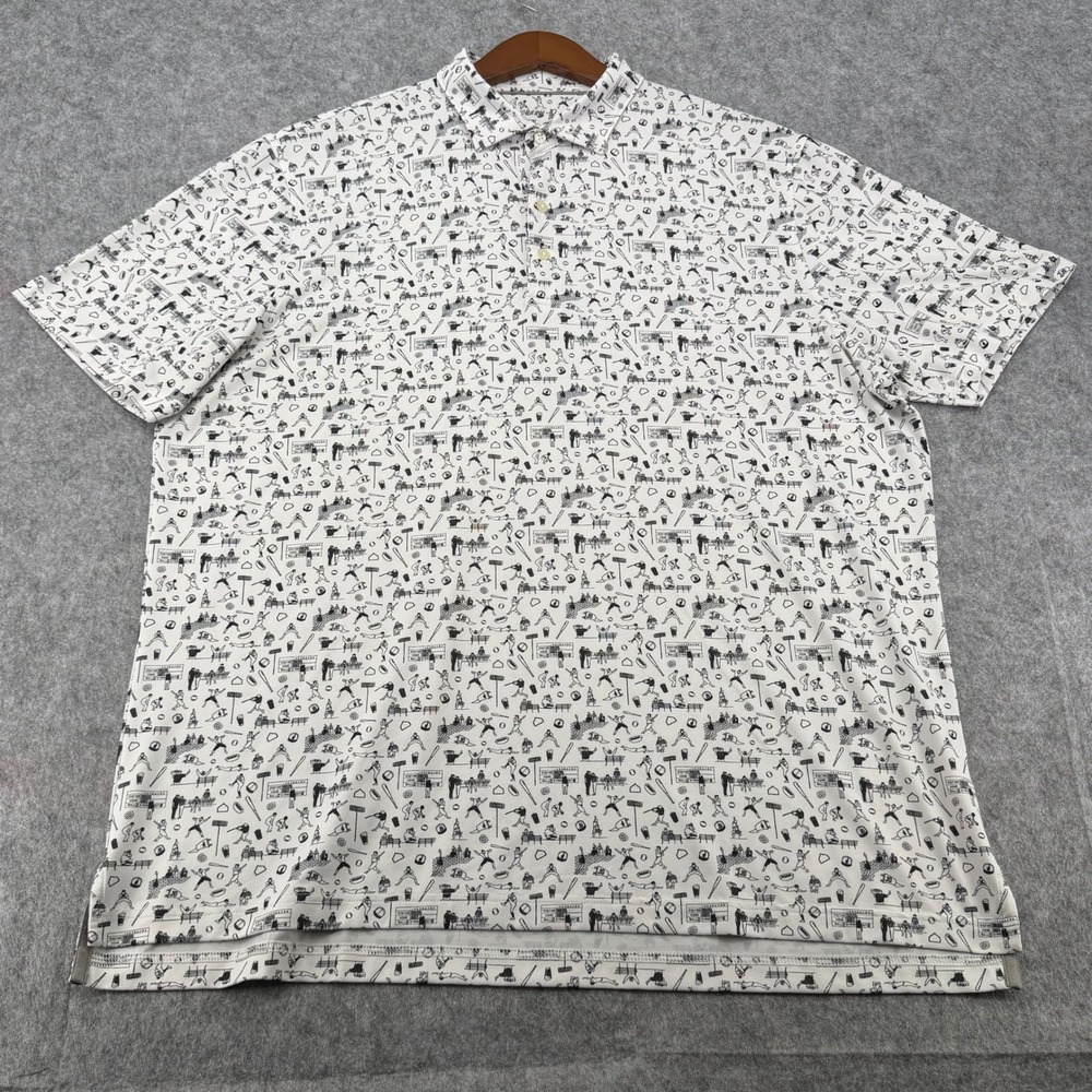 Johnnie-O Mens XL Baseball Print Performance Polo Shirt White Black UPF 50